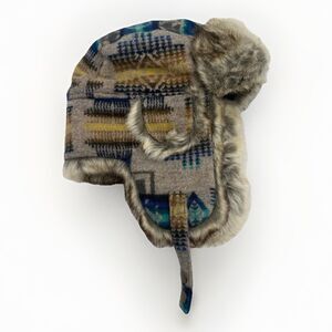Pendleton Wyeth Trail Trapper Hat Sz L 100% Wool Faux Fur Lined Ear Flaps Aztec